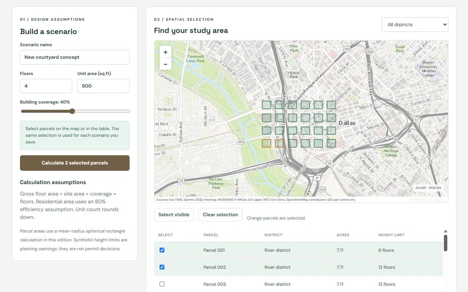 Standalone parcel scenario explorer with floor and coverage controls, two selected synthetic parcels, a map, and linked parcel rows.
