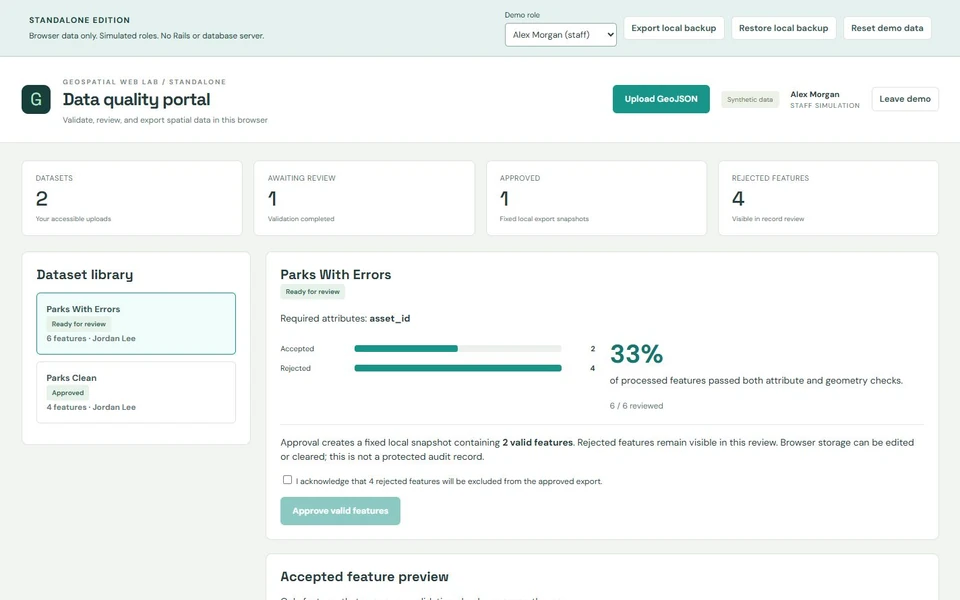 Standalone data-quality portal showing a dataset library, accepted and rejected feature counts, and an approval control with simulated roles.