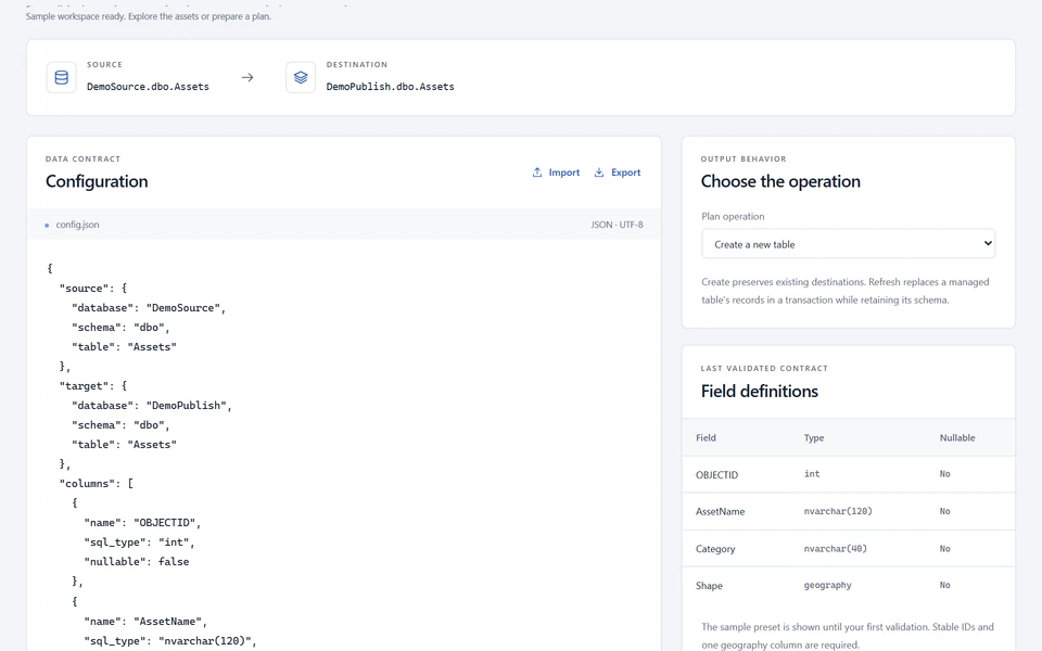 Light browser contract editor with fictional source and destination names, JSON settings, and a schema summary.