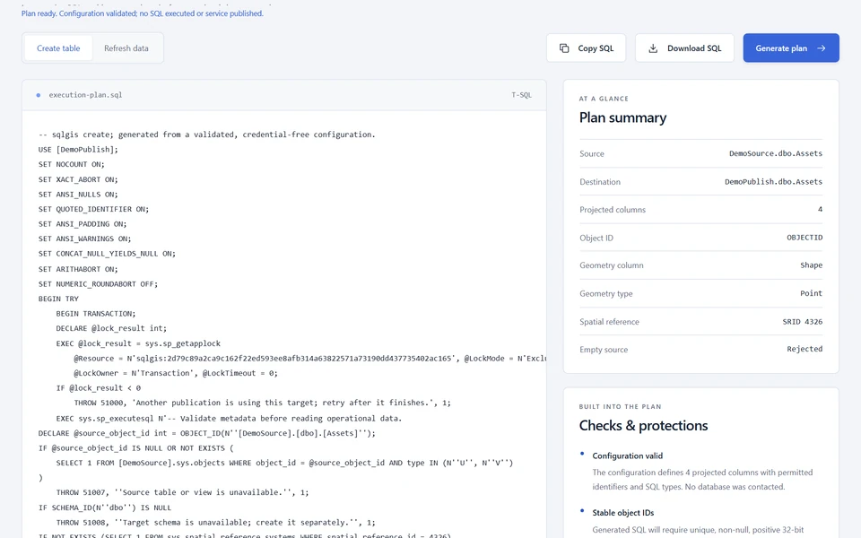 Generated T-SQL plan with a schema summary and validation checks in the browser workspace; no execution or publication.