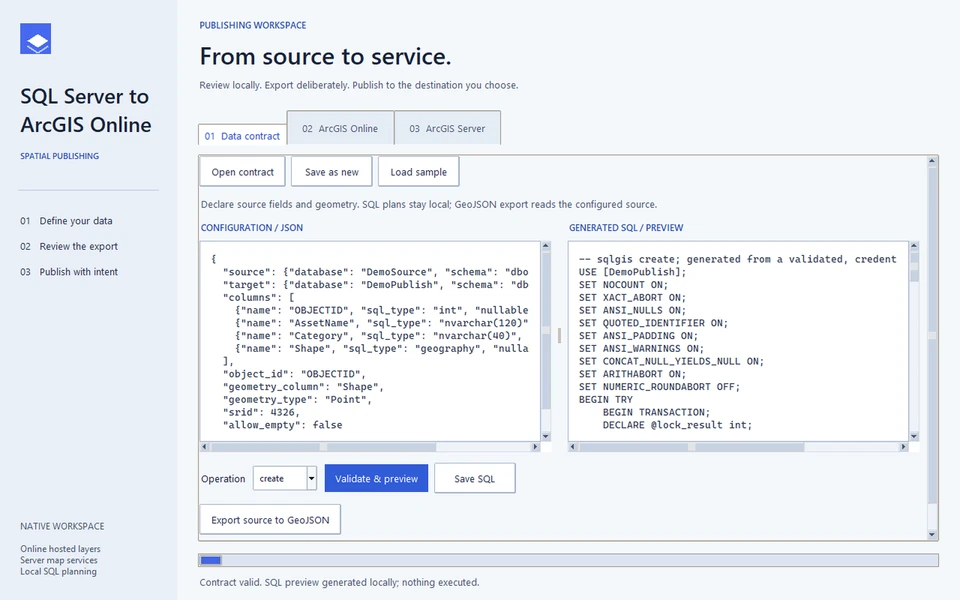 Light native Tkinter window showing a fictional data contract, generated SQL preview, and GeoJSON export controls; no SQL was executed.