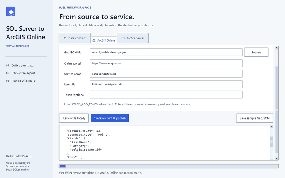 Light native Tkinter Online review of twelve fictional GeoJSON records, with a blank token field and no upload or ArcGIS Online connection.