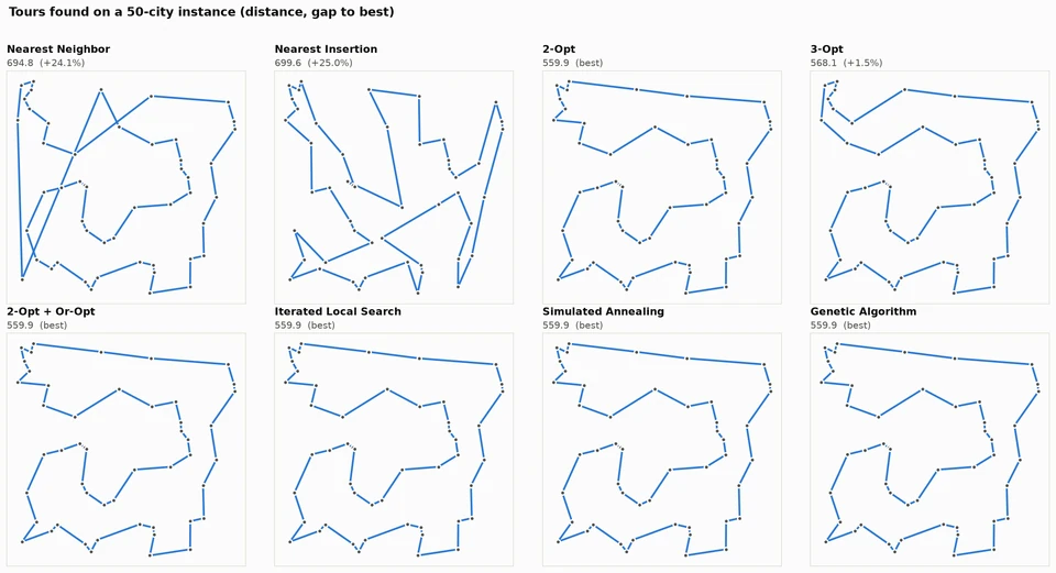 Eight methods on the same 50-city random instance. Gaps are relative to the best observed route, not a proven optimum.