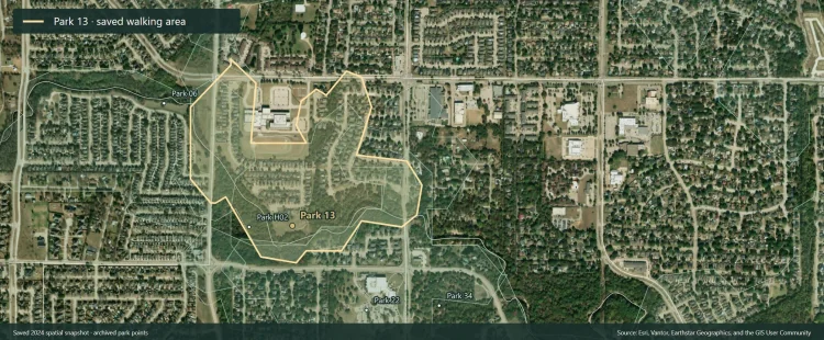 Wide aerial view of the saved Park 13 walking area in gold, with surrounding walking zones and census boundaries.