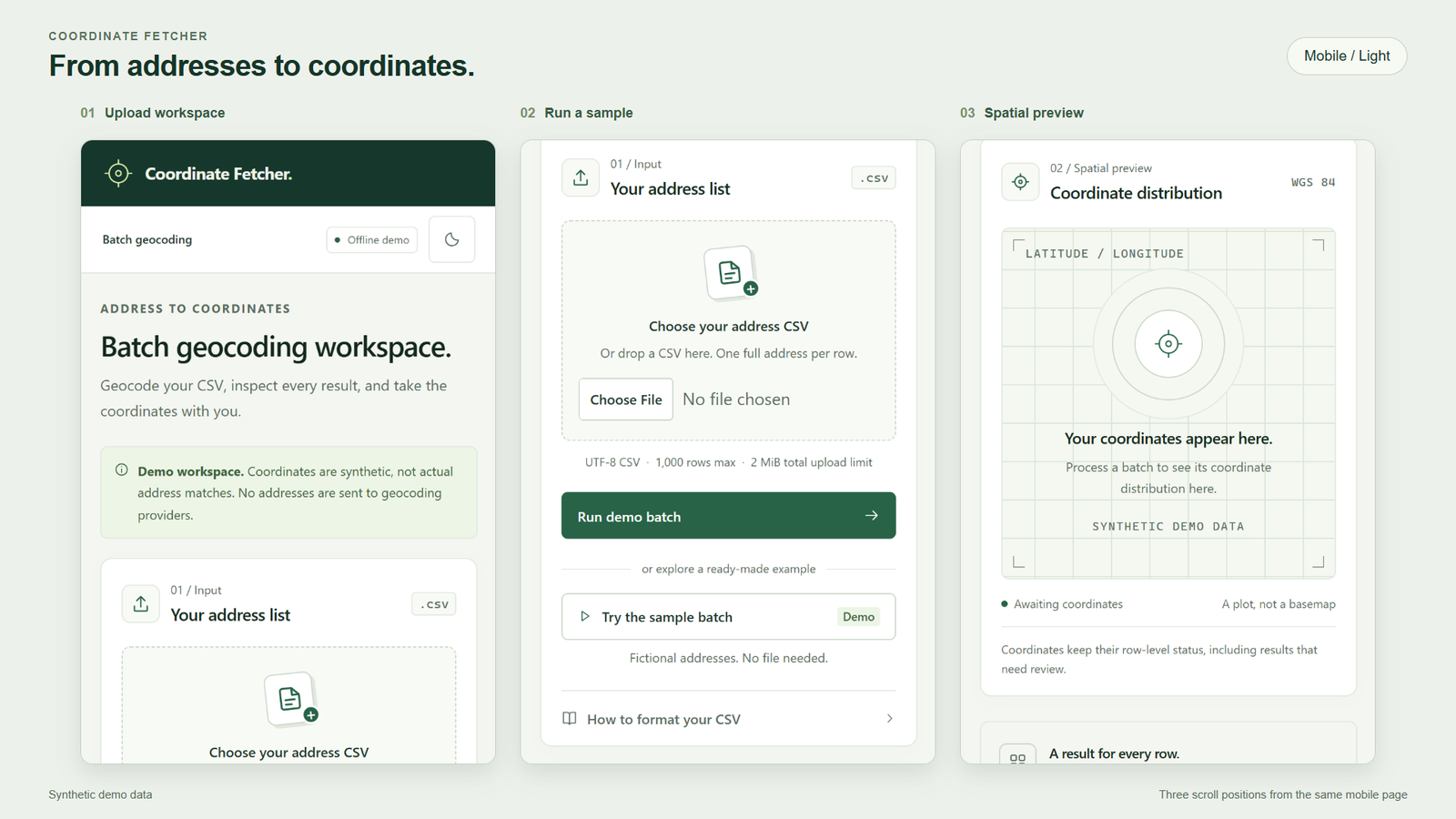 Coordinate Fetcher in light mode: three mobile scroll sections showing the upload workspace, sample controls, and spatial preview. Synthetic demo data.