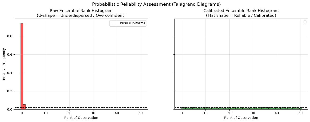 Synthetic ensemble: rank histograms before and after calibration