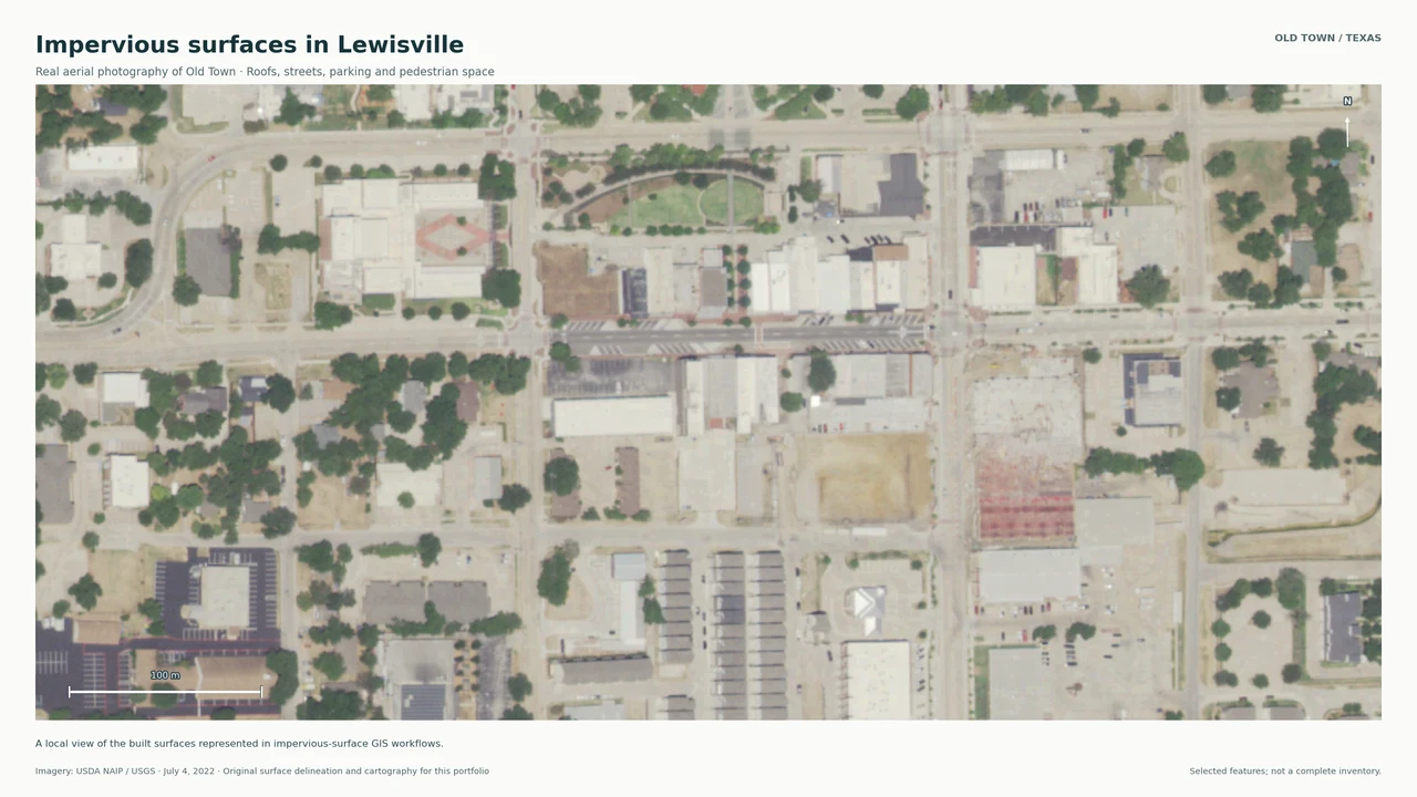 Real aerial view of Old Town Lewisville showing buildings, streets, parking lots, trees and a public green space.