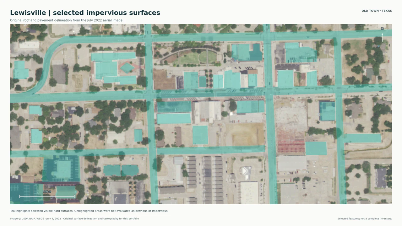 A real Lewisville aerial image with selected roof, road, parking and plaza polygons highlighted in transparent teal.