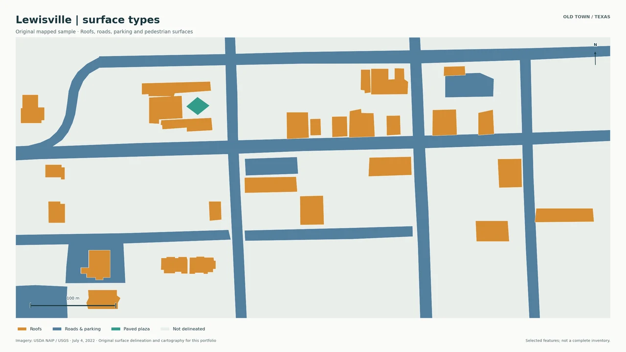 Original GIS polygons show selected Lewisville roofs in amber, roads and parking in blue, and pedestrian surfaces in teal.