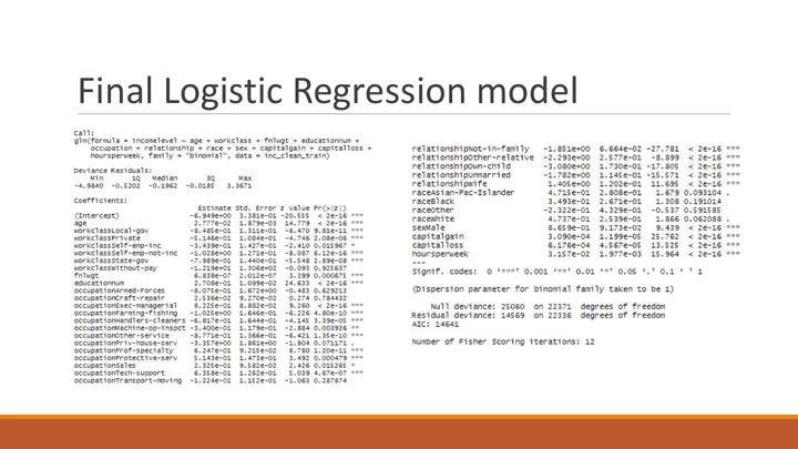 Original R study, slide 13: Final logistic regression model