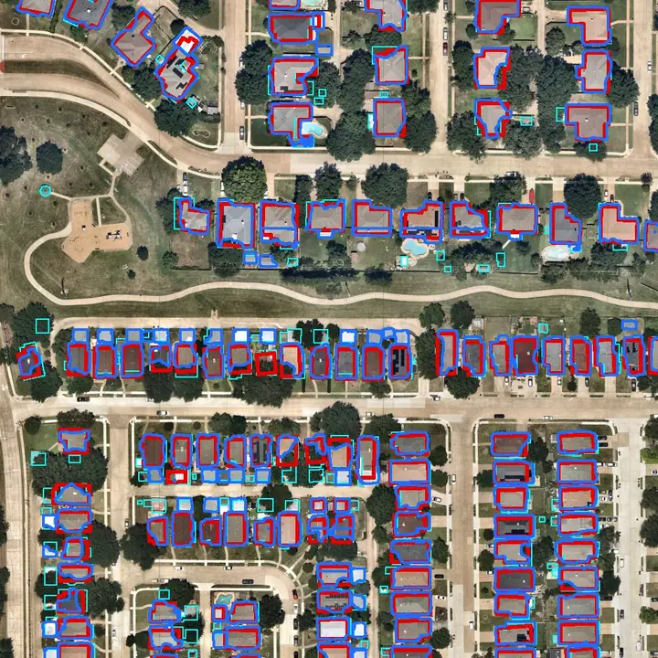 On older streets SAM 3 outlines more back-yard garages and sheds, but most small structures are missed by both. Aerial imagery: Nearmap, May 2026.