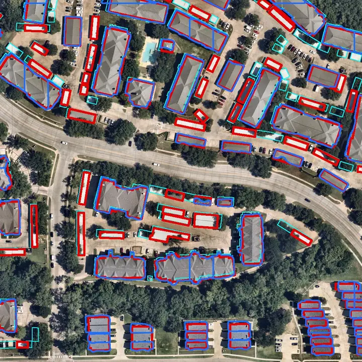 At an apartment complex, Esri outlines the carport rows that SAM 3 mostly misses. Aerial imagery: Nearmap, May 2026.