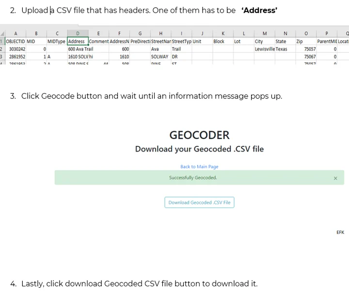 Geocoding results and CSV download workflow
