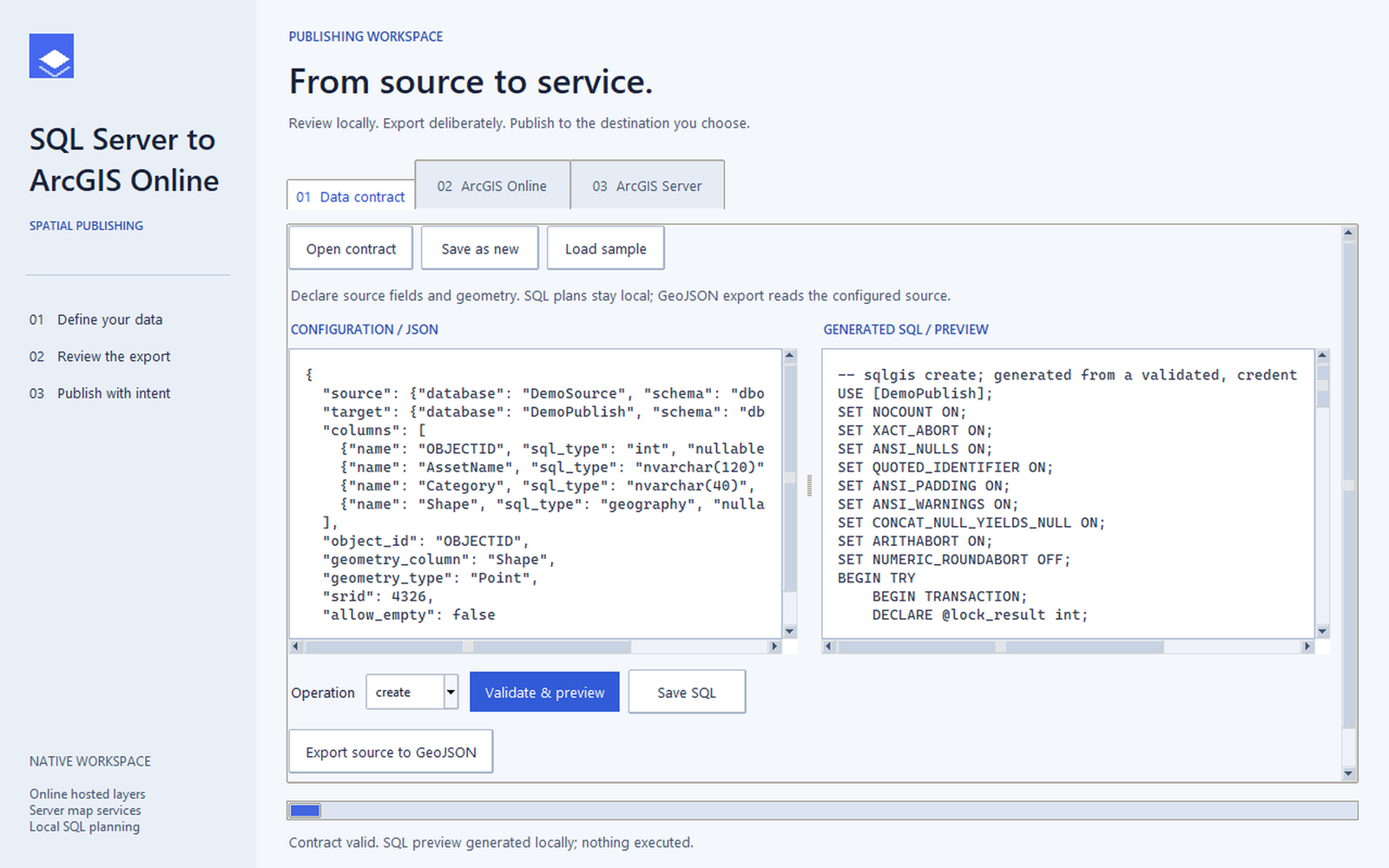 Light native Tkinter window showing a fictional data contract, generated SQL preview, and GeoJSON export controls; no SQL was executed.