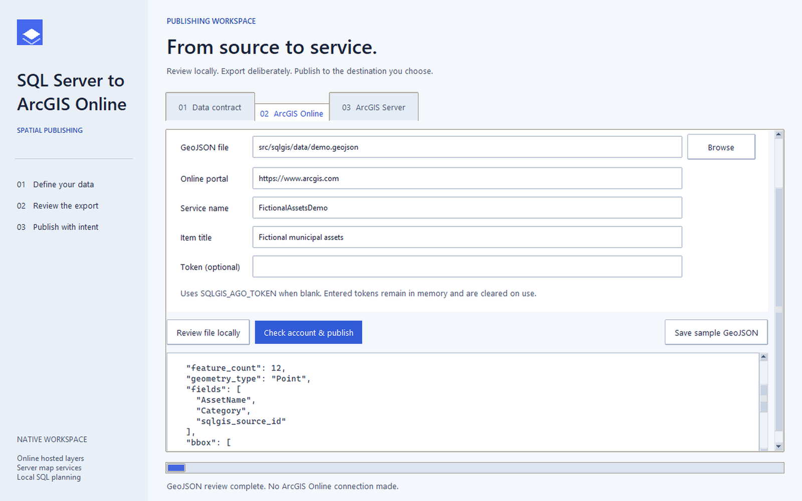Light native Tkinter Online review of twelve fictional GeoJSON records, with a blank token field and no upload or ArcGIS Online connection.