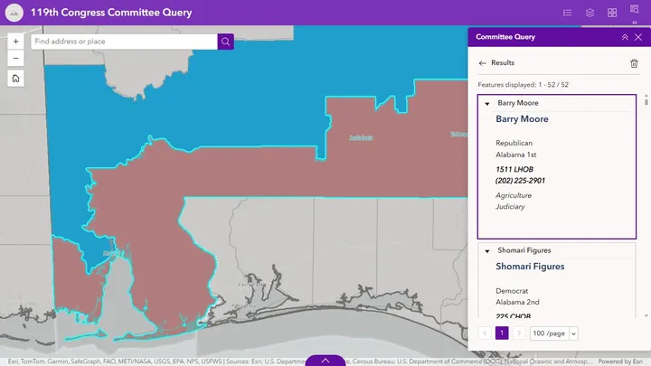 Selecting a Query result zoomed to and highlighted its district during the recorded test.